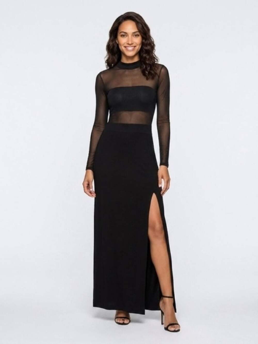 Adara Black Mesh Mock Neck Long Sleeve Maxi Dress with Slit Size M